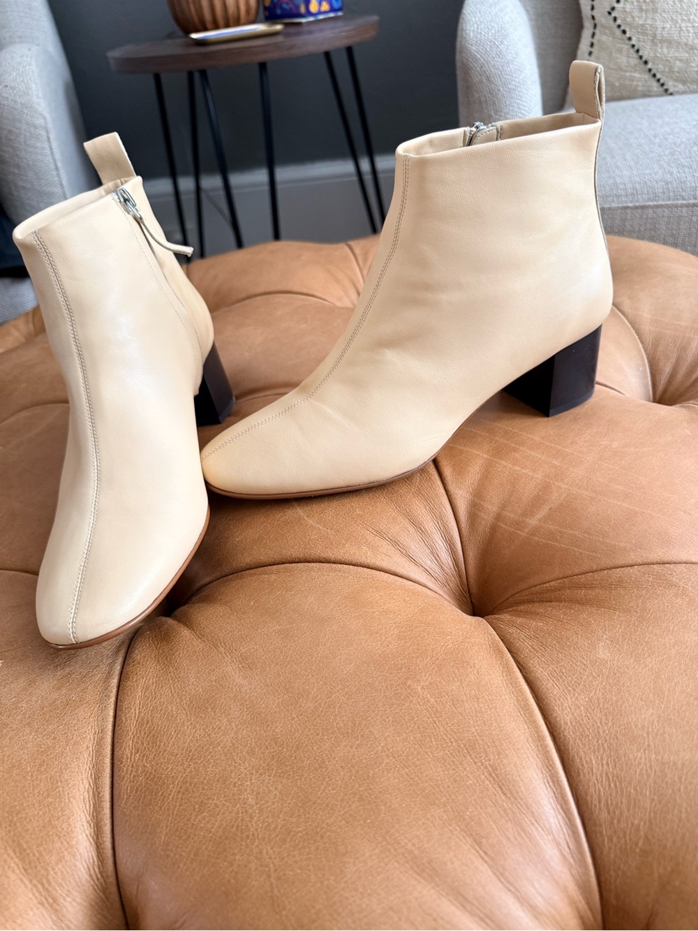 Everlane Neutral Cream Block-Heel Ankle Boots with Side Zip